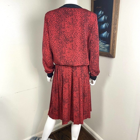 Vintage 80s Red Leopard Bow Secretary Midi Dress Pleated M Medium 1980s - Picture 7 of 10